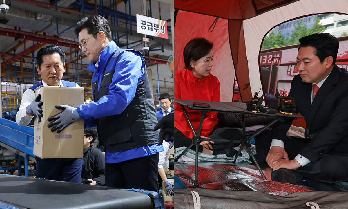 (왼쪽부터) 21일 우편집중국 찾아 택배 업무 체험하는 더불어민주당 정청래 대표와 정원오 서울시장 후보, 19일&nbsp;단식 중인 양향자 경기도지사 후보 만난 국민의힘 장동혁 대표. 연합뉴스