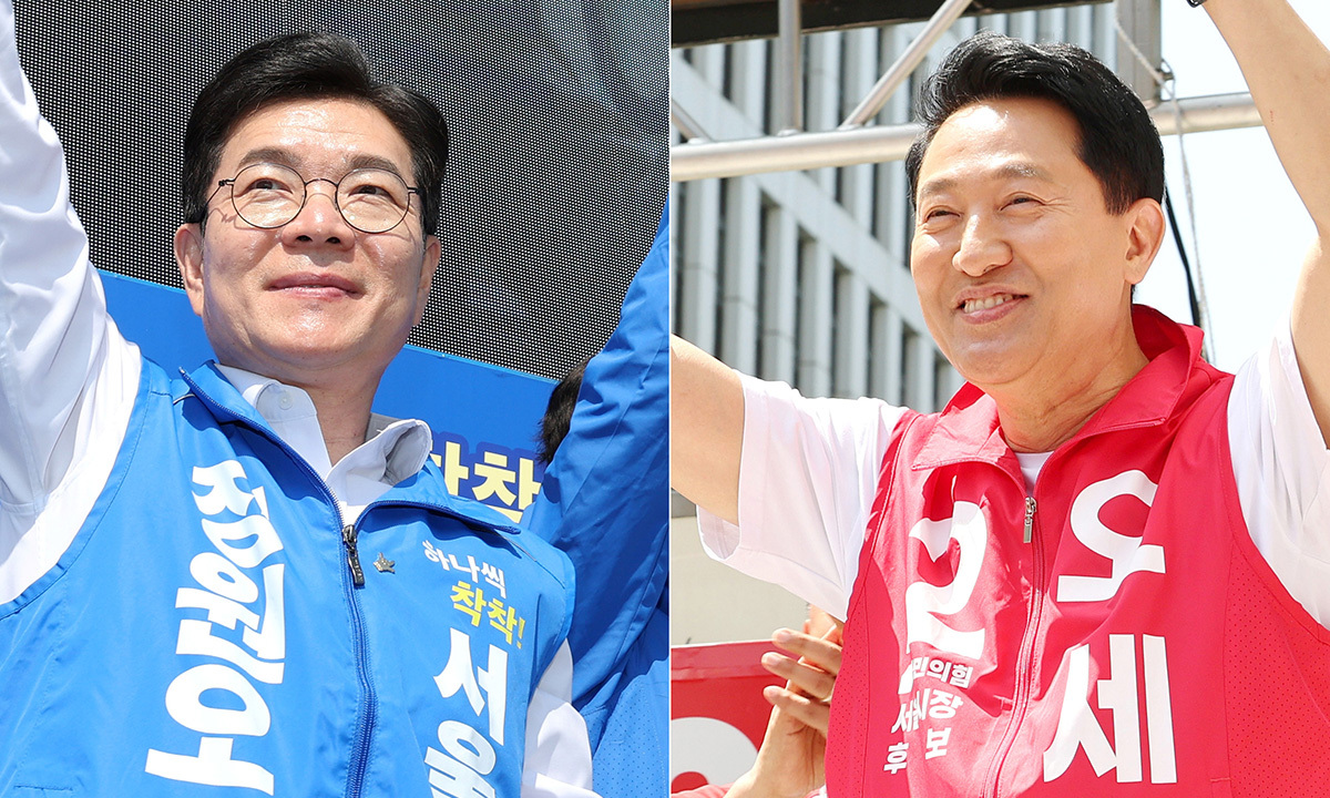 지난 23일 더불어민주당 정원오 서울시장 후보가 서울 서대문구 홍제동 일대에서(사진 왼쪽), 국민의힘 오세훈 서울시장 후보가 강서구 발산역 인근 광장에서(사진 오른쪽) 유세하고 있다. 연합뉴스
