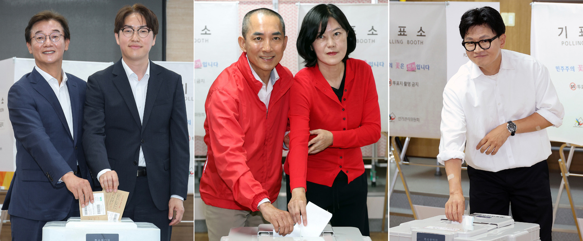 사전투표 부산 북갑 국회의원 보궐선거 후보자들이 29일 부산 북구 덕천2동행정복지센터와 만덕제2동행정복지센터에 설치된 사전투표소에서 각각 사전투표를 하고 있다. 왼쪽 사진부터 더불어민주당 전재수 부산시장 후보와 함께 투표한 민주당 하정우 후보, 부인 배정혜씨와 함께 투표한 국민의힘 박민식 후보, 무소속 한동훈 후보.부산=뉴스1