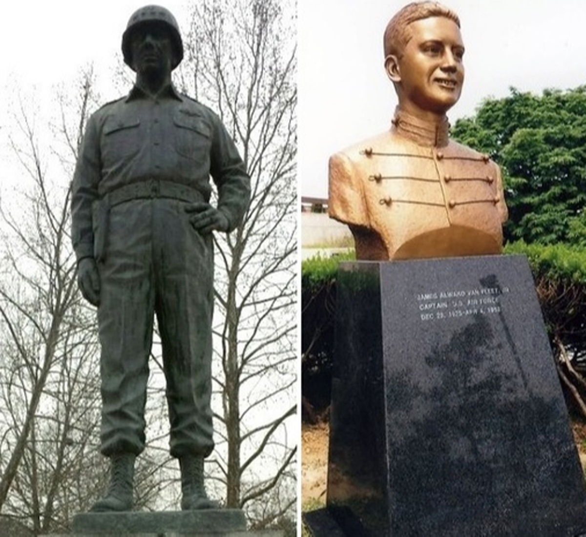 한국 육사 교정에 세워진 제임스 밴플리트(1892∼1992) 미 육군 대장의 동상(왼쪽 사진). 오른쪽은 오산공군기지 안에 있는 아들 제임스 밴플리트 주니어(1925∼1952) 미 공군 대위의 흉상. 세계일보 자료사진