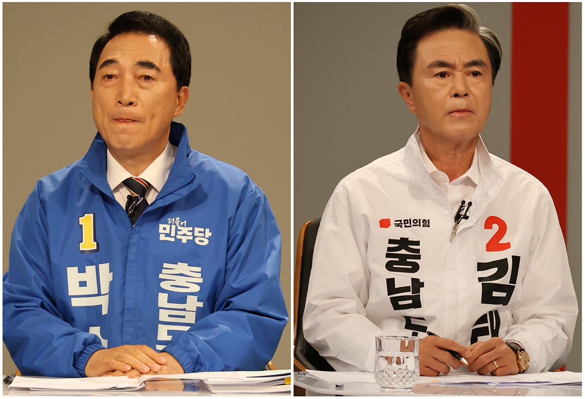 충남지사 후보 TV 토론회 (대전=연합뉴스) 이주형 기자 = 충남지사 선거에 출마한 민주당 박수현 후보와 국민의힘 김태흠 후보가 지난 27일 오전 TJB 대전방송에서 열린 충남선거방송토론위원회 주관 충남지사 후보 토론회에 참석해 공방을 이어갔다. 사진 왼쪽부터 박수현 후보와 김태흠 후보. 2026.5.28 coolee@yna.co.kr/2026-05-28 00:10:52/ &amp;lt;저작권자 ⓒ 1980-2026 ㈜연합뉴스. 무단 전재 재배포 금지, AI 학습 및 활용 금지&amp;gt;
