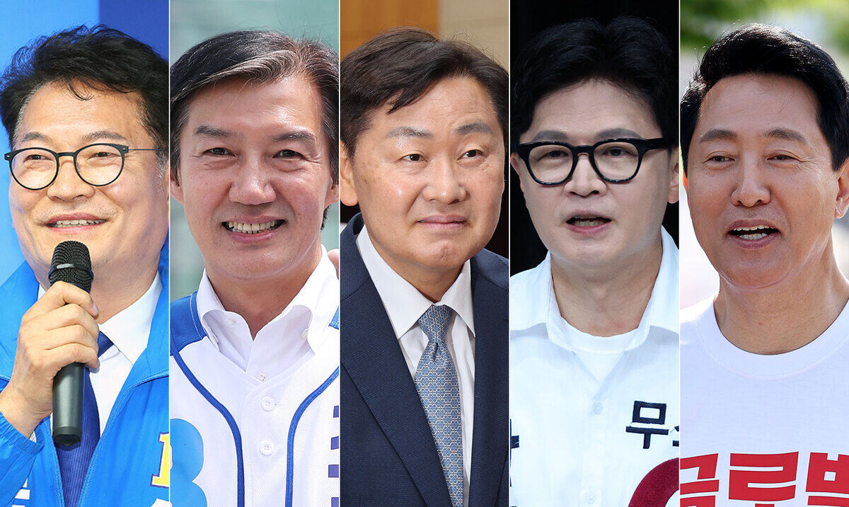 (왼쪽부터) 송영길·조국·김관영·한동훈·오세훈 후보. 연합뉴스