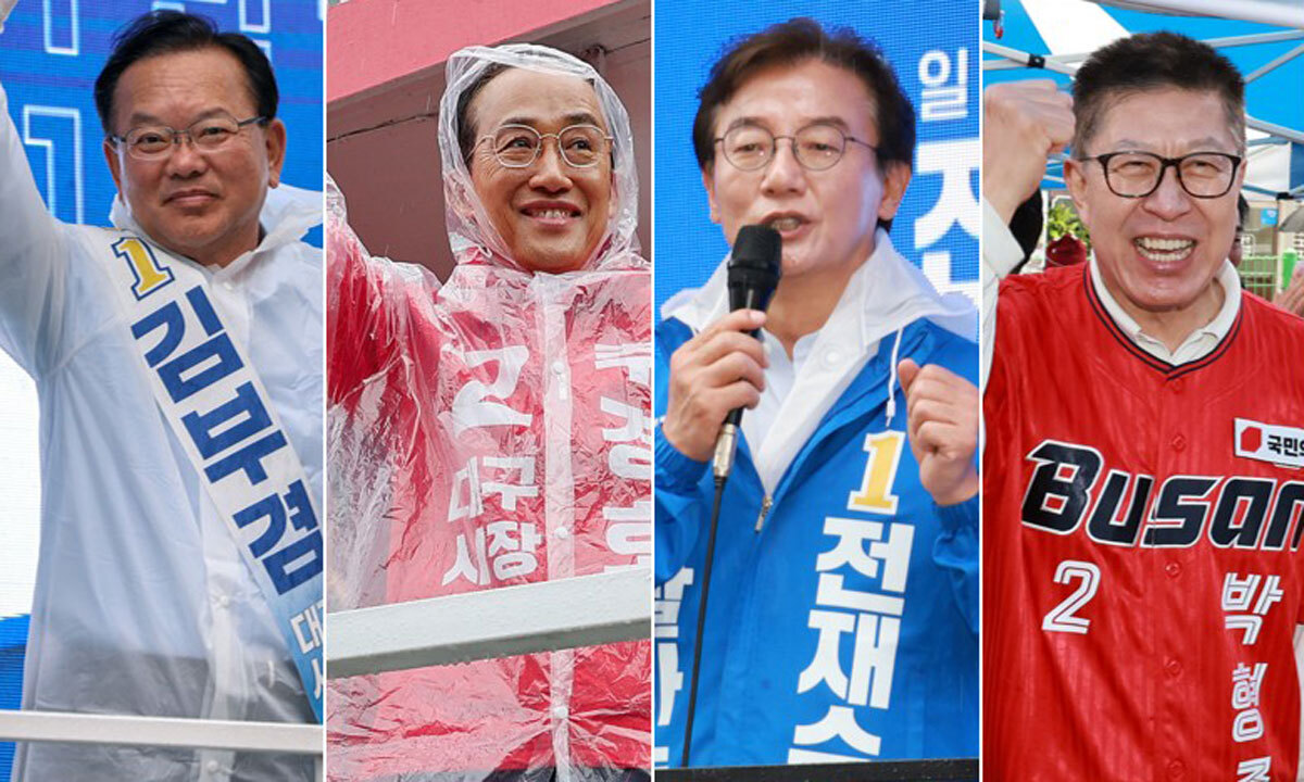 마지막까지 총력전 ‘격전지’로 꼽히는 지역에 출마한 후보자들이 선거 운동 마지막 날까지 유세에 나서며 막판 표심 잡기에 총력을 기울였다. 대구시장에 출마한 더불어민주당 김부겸 후보(왼쪽 첫 번째)와 국민의힘 추경호 후보(〃 두 번째)가 2일 유세 차량 위에서 우비를 입은 채 유권자들의 지지를 호소하고 있다. 같은 날 민주당 전재수 부산시장 후보(〃세 번째)가 부산 서구 이면도로에서 차량 유세에 나선 모습. 국민의힘 박형준 후보(〃네 번째)가 해운대구 MG새마을금고 센텀 제반지점 옆 공터에서 주민들에게 지지를 호소하는 모습. 대구=뉴시스, 부산=연합뉴스