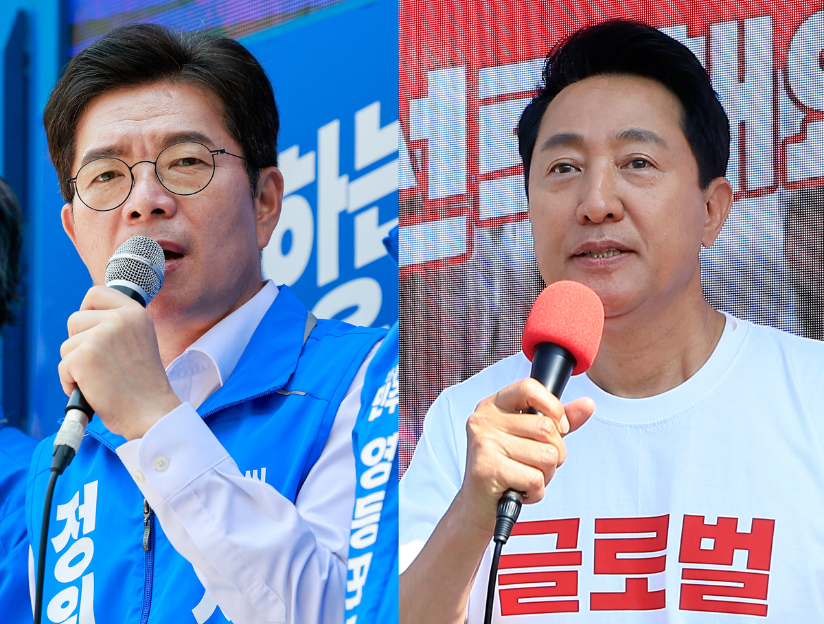 정원오 더불어민주당(왼쪽), 오세훈 국민의힘 서울시장 후보가 6·3지방선거를 하루 앞둔 2일 각각 서울 영등포구, 용산구 일대에서 시민들에게 지지를 호소하고 있다. 뉴스1