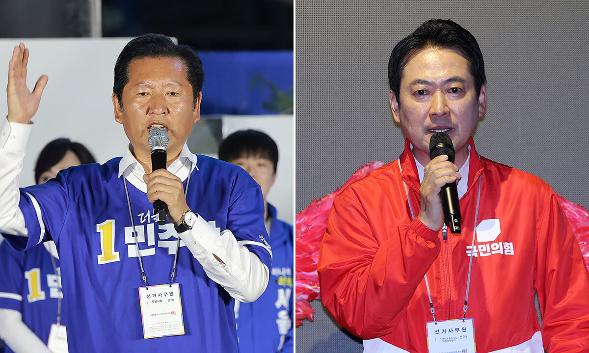 여야 지도부가 2일 6·3지방선거 선거운동 마지막 날까지 전국 격전지를 찾아 막판 표심 잡기에 나섰다. 더불어민주당 정청래 대표가 2일 서울 청계광장에서 열린 정원오 서울시장 후보 마지막 유세에 참석해 지지를 호소하고 있다. 오른쪽 사진은 국민의힘 장동혁 대표가 같은 날 충남 천안시 신세계백화점 앞에서 지원 유세에 나선 모습. 서울·천안=연합뉴스·뉴스1