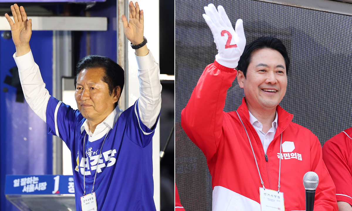정청래 더불어민주당 대표와 장동혁 국민의힘 대표가 지난 2일 서울 청계광장과 충남 청양재래시장에서 각각 시민들에게 지지를 호소하고 있다. 뉴스1