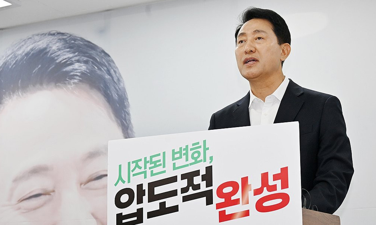 국민의힘 오세훈 서울시장 후보가 지난 5월 28일 서울 종로구 대왕빌딩 선거캠프에서 열린 기자간담회에서 발언하고 있다. 연합뉴스