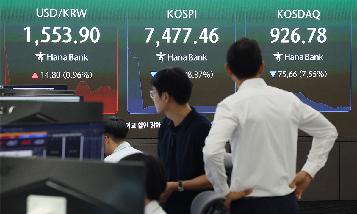 코스피가 8% 이상 급락하면서 7500선 아래로 내려간 8일 서울 중구 하나은행 딜링룸에서 딜러들이 업무를 보고 있다.