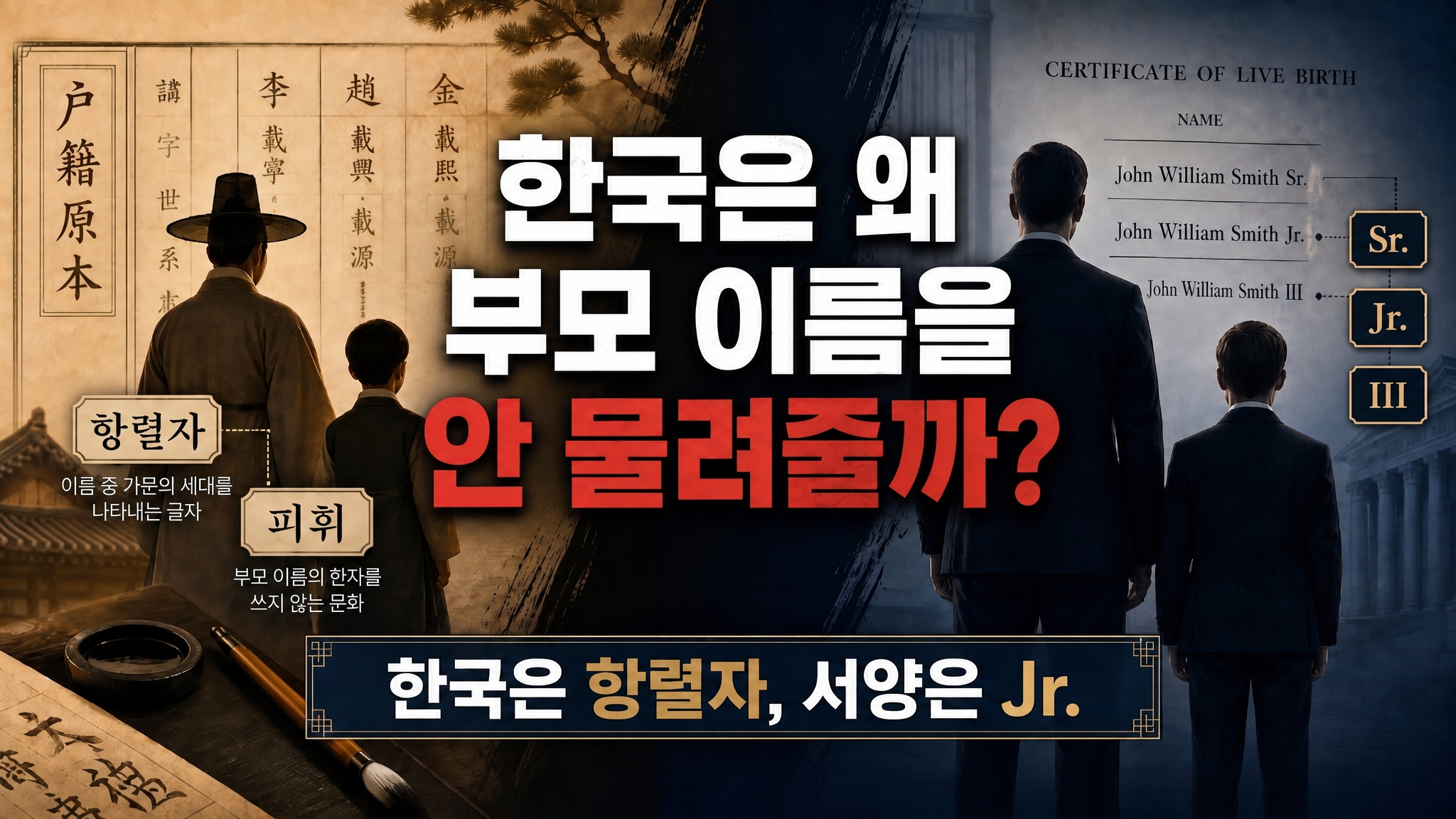 서양은 자녀에게 부모 이름을 물려주며 ‘Sr.’, ‘Jr.’, ‘Ⅲ’ 등으로 구분하는 반면, 한국은 제약이 따른다. 여기에는 한국 특유의 ‘항렬자’와 ‘피휘’ 문화가 배경으로 자리 잡고 있다.&nbsp;기사의 이해를 돕기 위해 구글의 생성형 인공지능(AI) ‘제미나이’로 생성한 이미지.