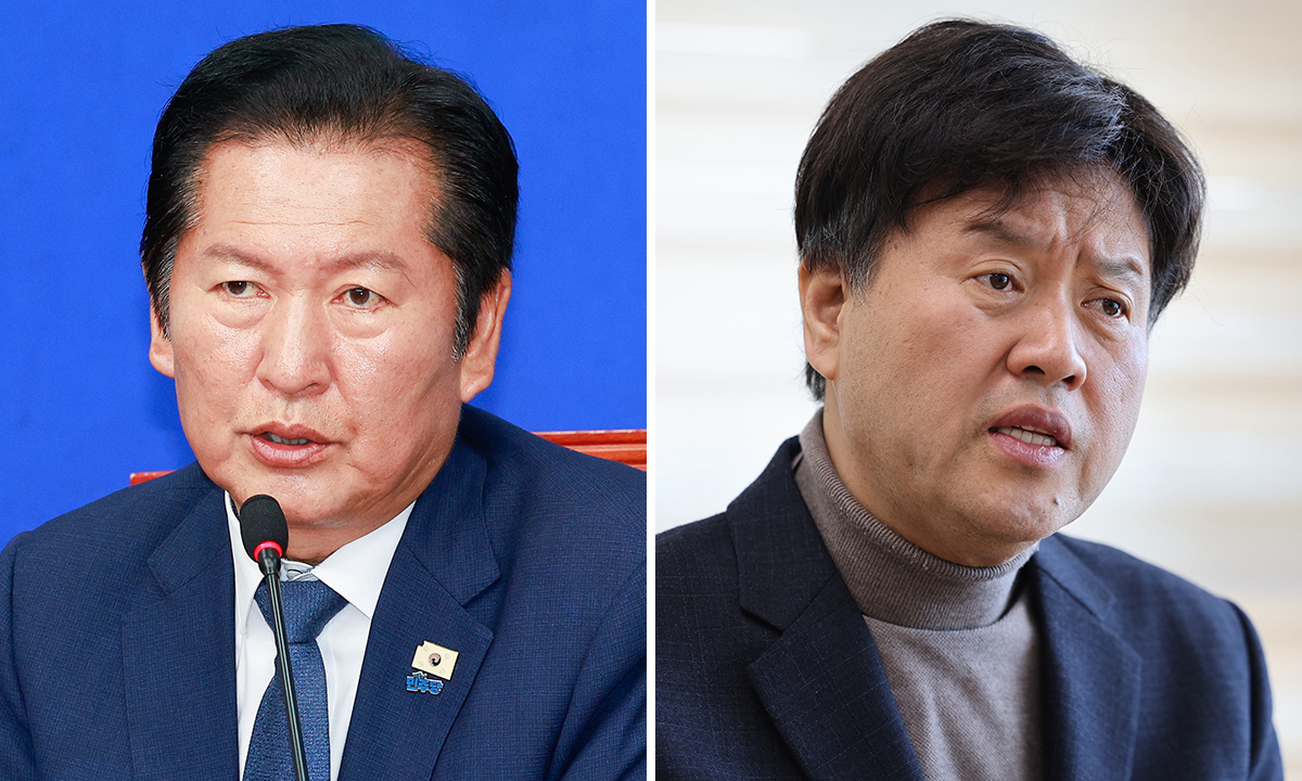 정청래 더불어민주당 대표(왼쪽), 김용 전 민주연구원 부원장. 뉴스1·허정호 선임기자