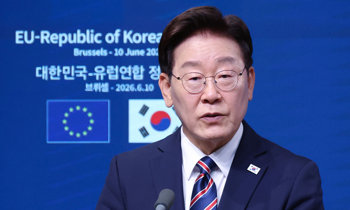 G7 정상회의 참석 계기 벨기에를 방문 중인 이재명 대통령이 10일(현지 시간) 브뤼셀 유럽 연합(EU) 이사회에서 한-EU 공동언론발표를 하고 있다. 뉴스1