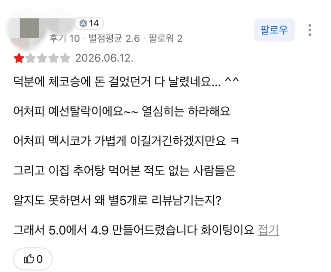 “체코승에 건 돈 다 날렸다”…오현규 부모 가게에 ‘별점 테러’ 악플