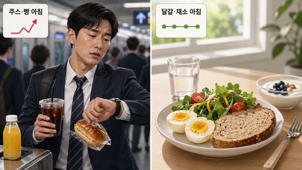 달걀과 채소를 곁들이고 통곡물빵을 더한 아침상. 같은 양을 먹어도 단백질과 식이섬유부터 손이 가면 더 든든하고, 혈당이 치솟는 폭도 한결 완만해진다. ChatGPT 생성 이미지