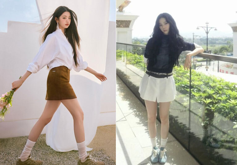 아이브 장원영은 메리제인 슈즈에 레이스 양말을 매치한 스타일을, 에스파 카리나는 시스루 양말을 활용한 스타일링을 SNS와 화보, 공항패션 등에서 선보이며 양말 패션 트렌드를 이끌고 있다. 장원영, 카리나 인스타그램 갈무리