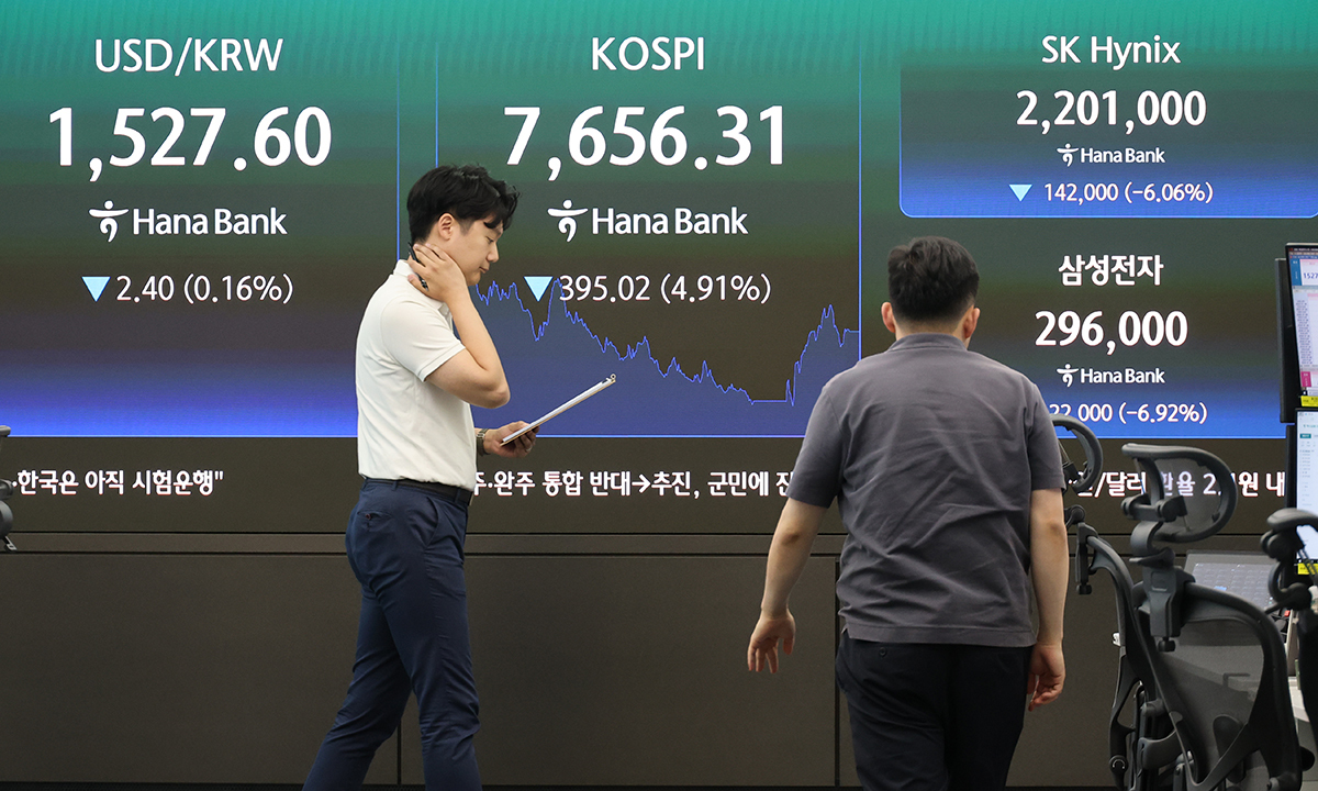 코스피가 5% 가까이 급락한 지난 7일 서울 중구 하나은행 딜링룸 현황판에 코스피 및 SK하이닉스, 삼성전자 종가가 표시돼있다. 연합뉴스