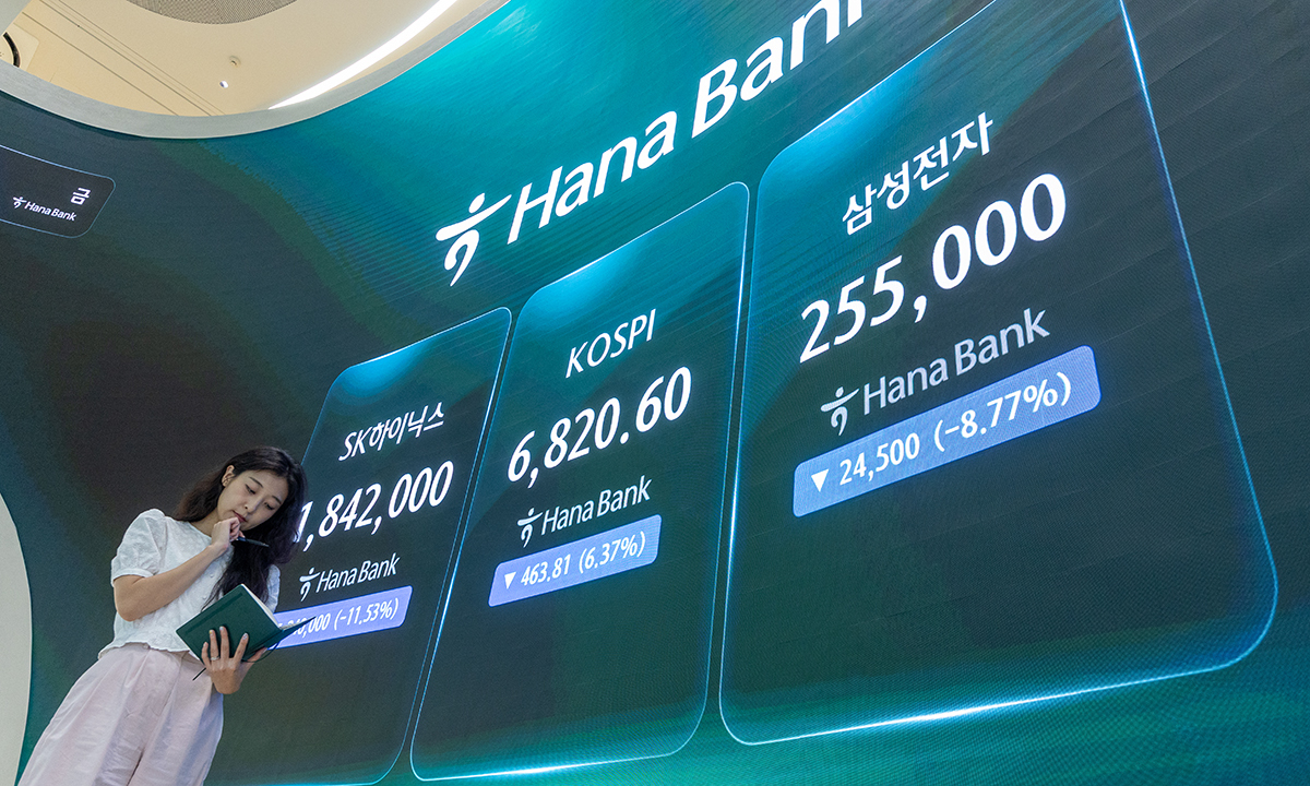 16일 서울 중구 하나은행 본점 딜링룸 전광판에 종가와 삼성전자, SK하이닉스 주가가 나오고 있다. 뉴스1