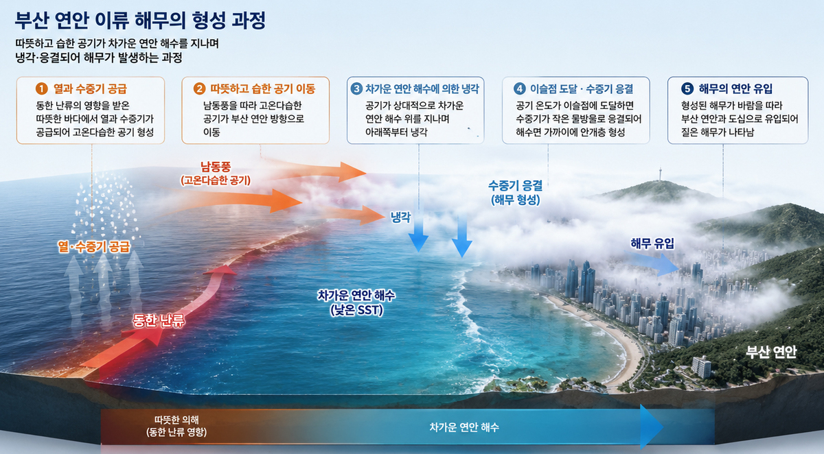 매년 7월 부산 ‘해무 미스터리’ 풀렸다…더운 공기가 해수면 만나 발생
