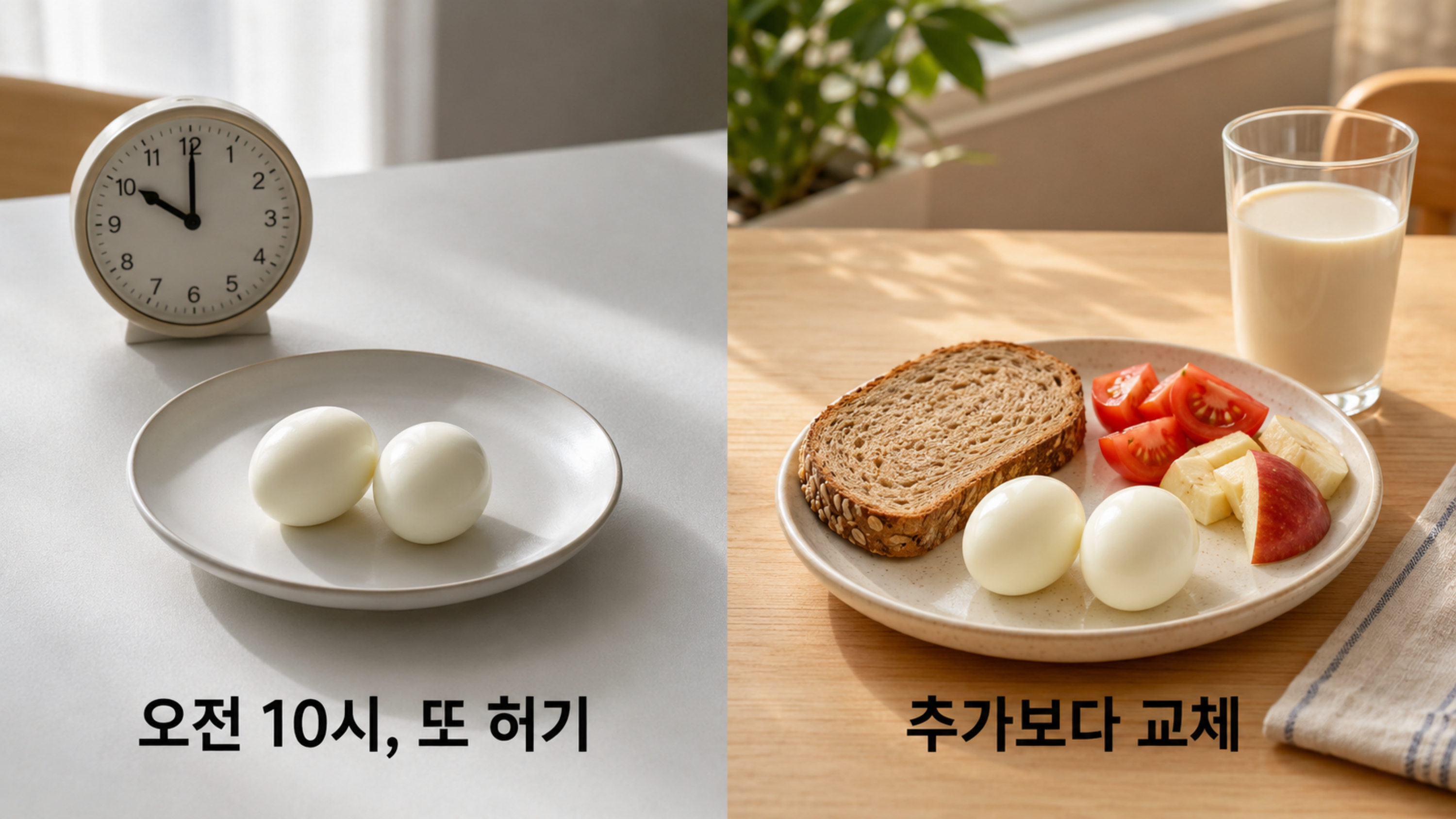 삶은 달걀 두 개만 먹으면 오전 중 허기가 찾아올 수 있다. 통밀빵과 채소·과일 등을 곁들이되, 체중 감량 중이라면 기존 식단에 무조건 더하기보다 빵이나 시리얼 일부를 달걀로 바꾸는 게 좋다. ChatGPT 생성 이미지