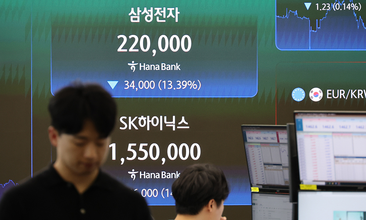 ‘반도체 투톱’ 휘청 국내 증시가 ‘검은 화요일’을 기록한 28일 서울 중구 하나은행 딜링룸에 반도체 투톱인 삼성전자와 SK하이닉스 종가가 표시되고 있다. 두 종목은 이날 각각 13.39%·14.65% 급락하며 코스피 지수 하락을 주도했다.
이제원 선임기자