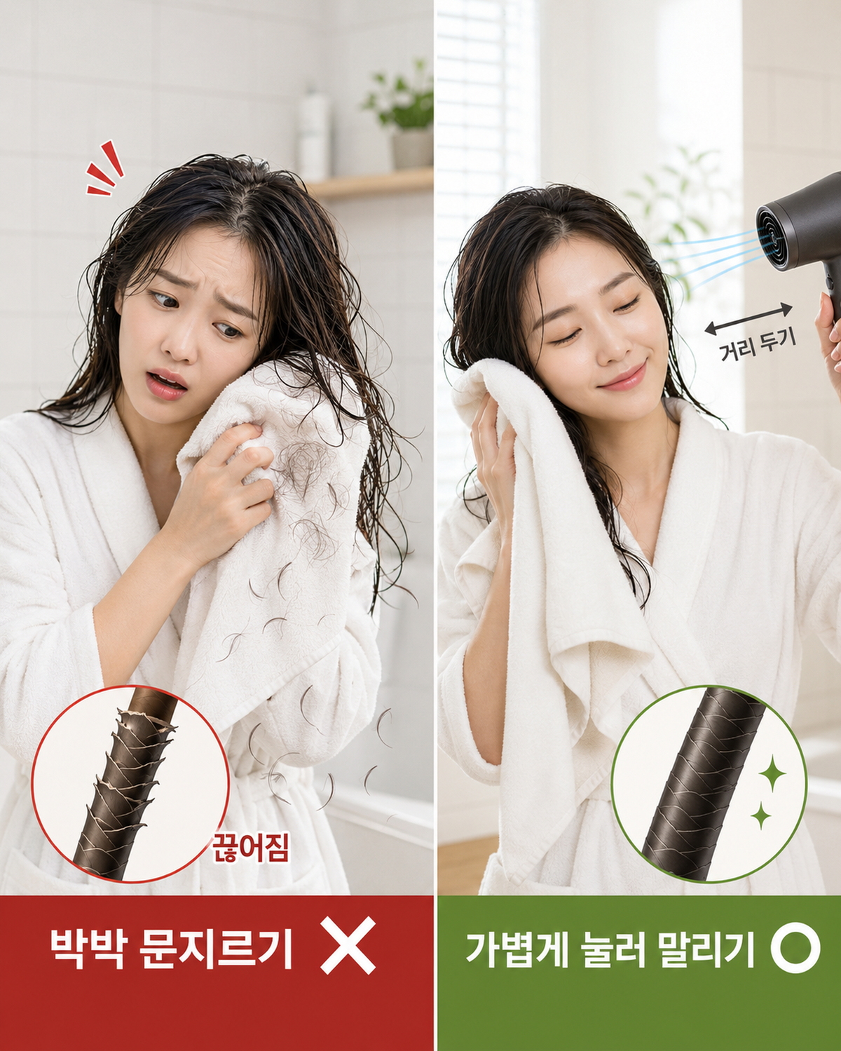 머리를 감은 뒤에는 수건으로 비비기보다 모발을 감싸 가볍게 눌러 물기를 빼는 게 좋다. 드라이어는 낮거나 중간 온도로 맞추고 모발과 거리를 둔 채 움직이며 사용해야 한다. ChatGPT 생성 이미지