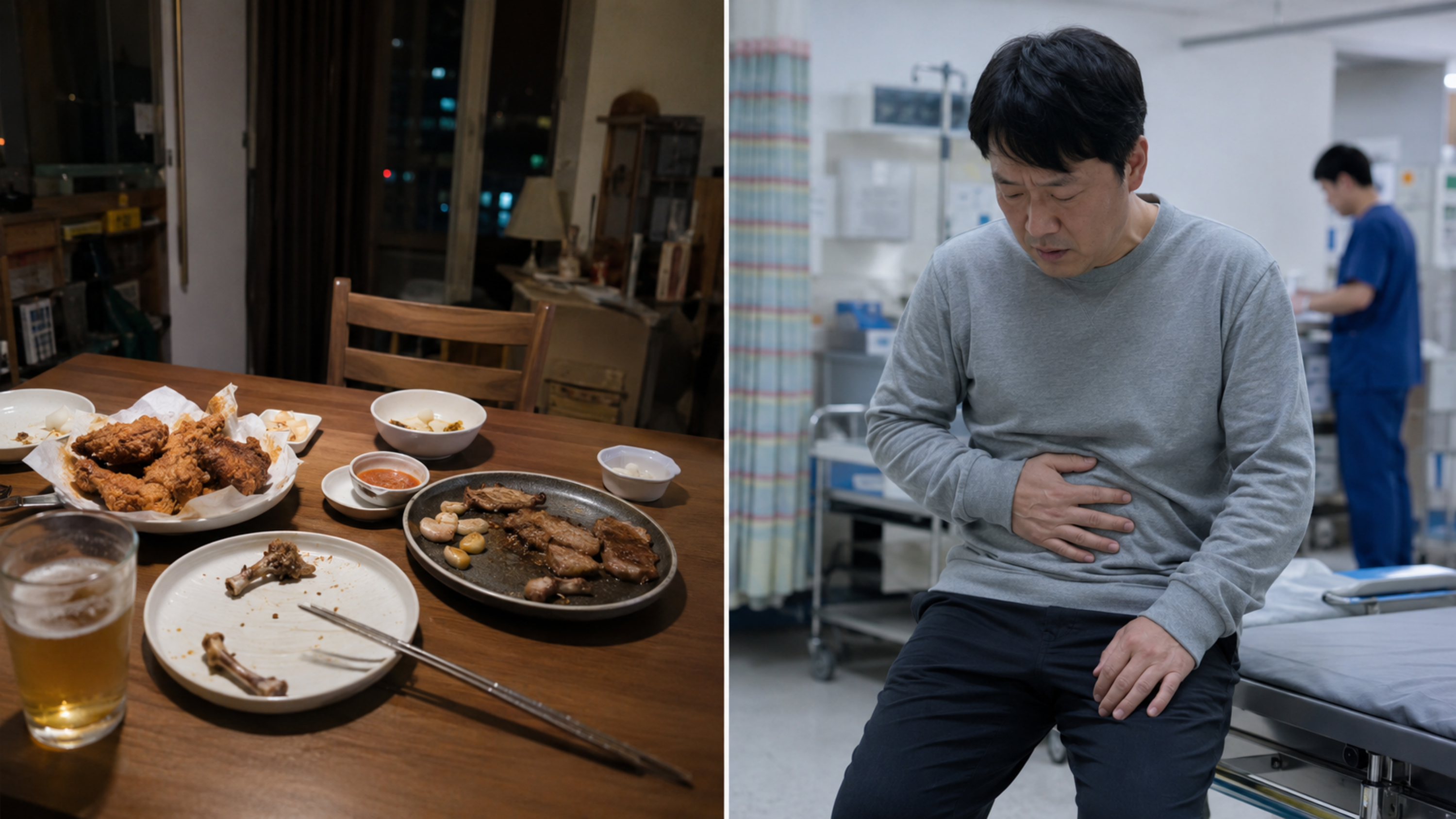 기름진 야식과 술을 곁들인 뒤 심한 명치 통증을 느껴 응급실을 찾은 상황을 재구성한 이미지. ChatGPT 생성 이미지