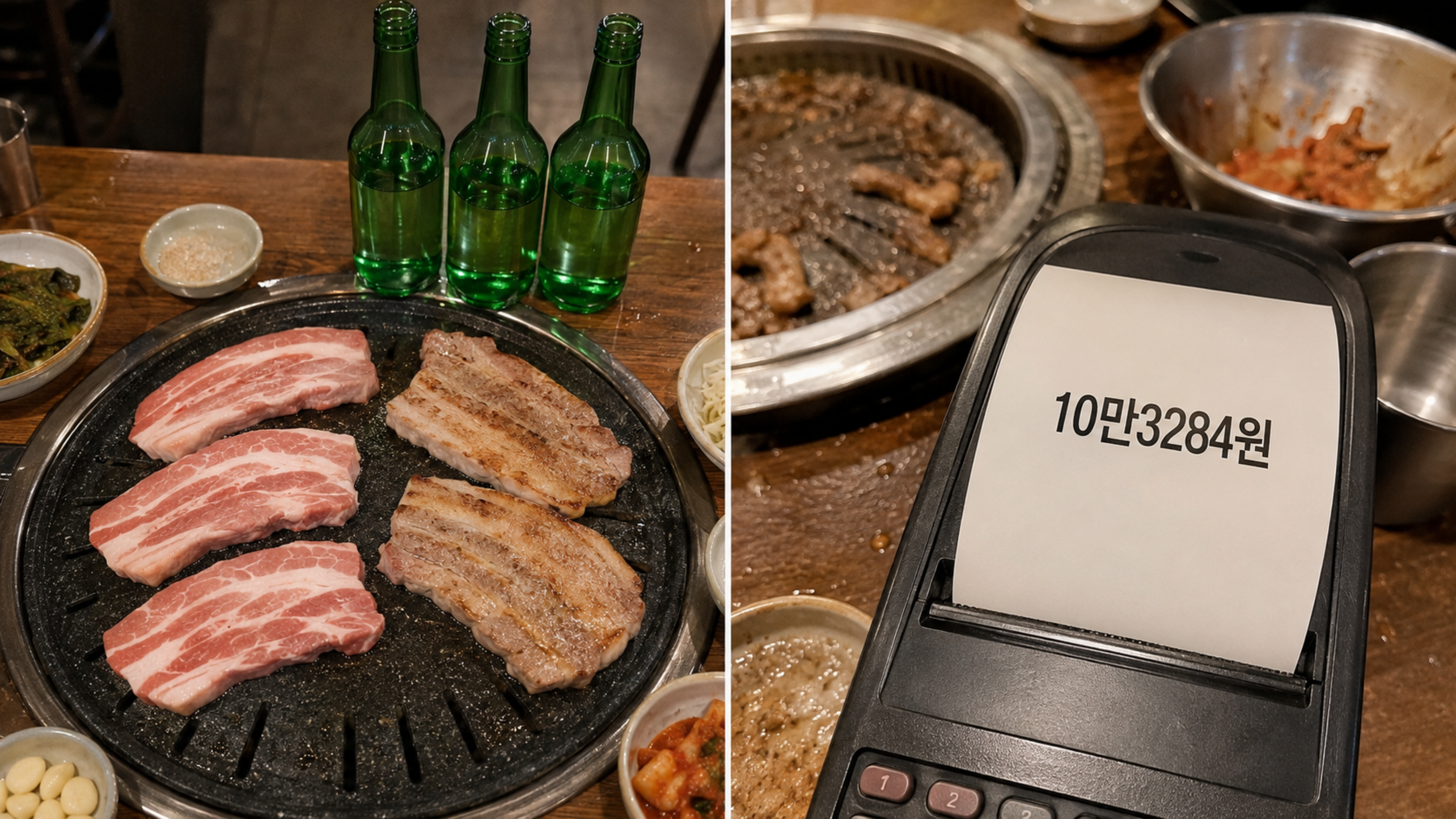 삼겹살 4인분과 소주 3병을 차린 모습(왼쪽)과 총액 10만3284원이 표시된 계산서. ChatGPT 생성 이미지