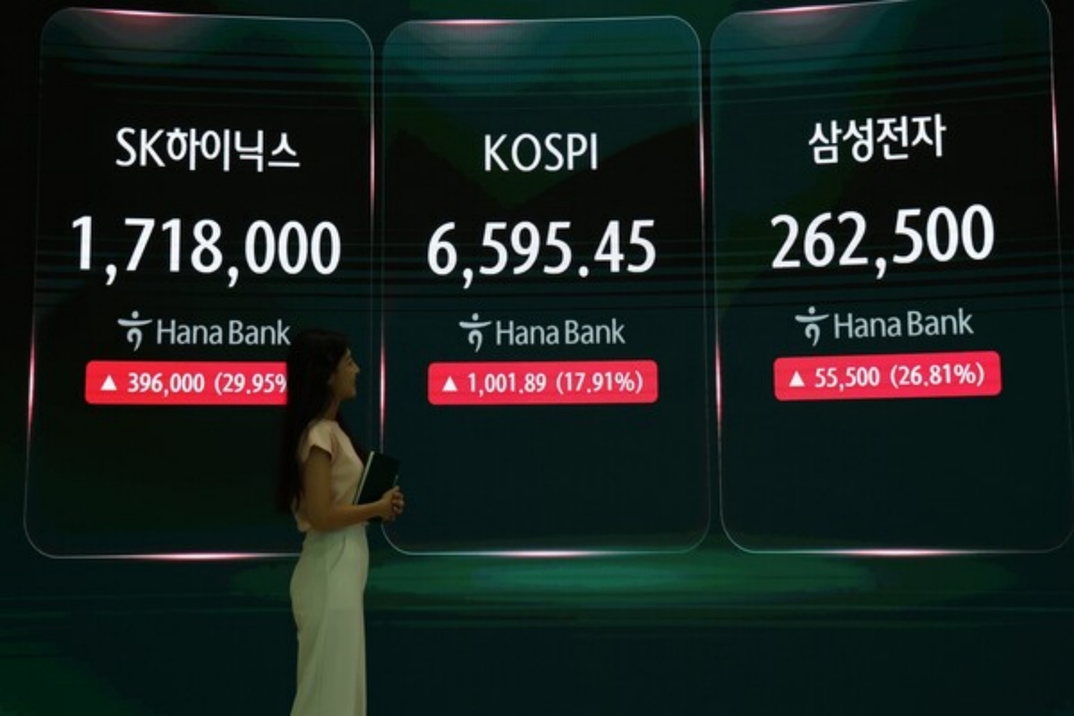 지난 31일 서울 중구 하나은행 딜링룸 전광판에 코스피 종가가 표시돼 있다. 이날 코스피는 전 거래일보다 17.91% 급등한 6595.45로 마감하며 상승률과 상승폭 모두 역대 최대 기록을 세웠다. 연합뉴스
