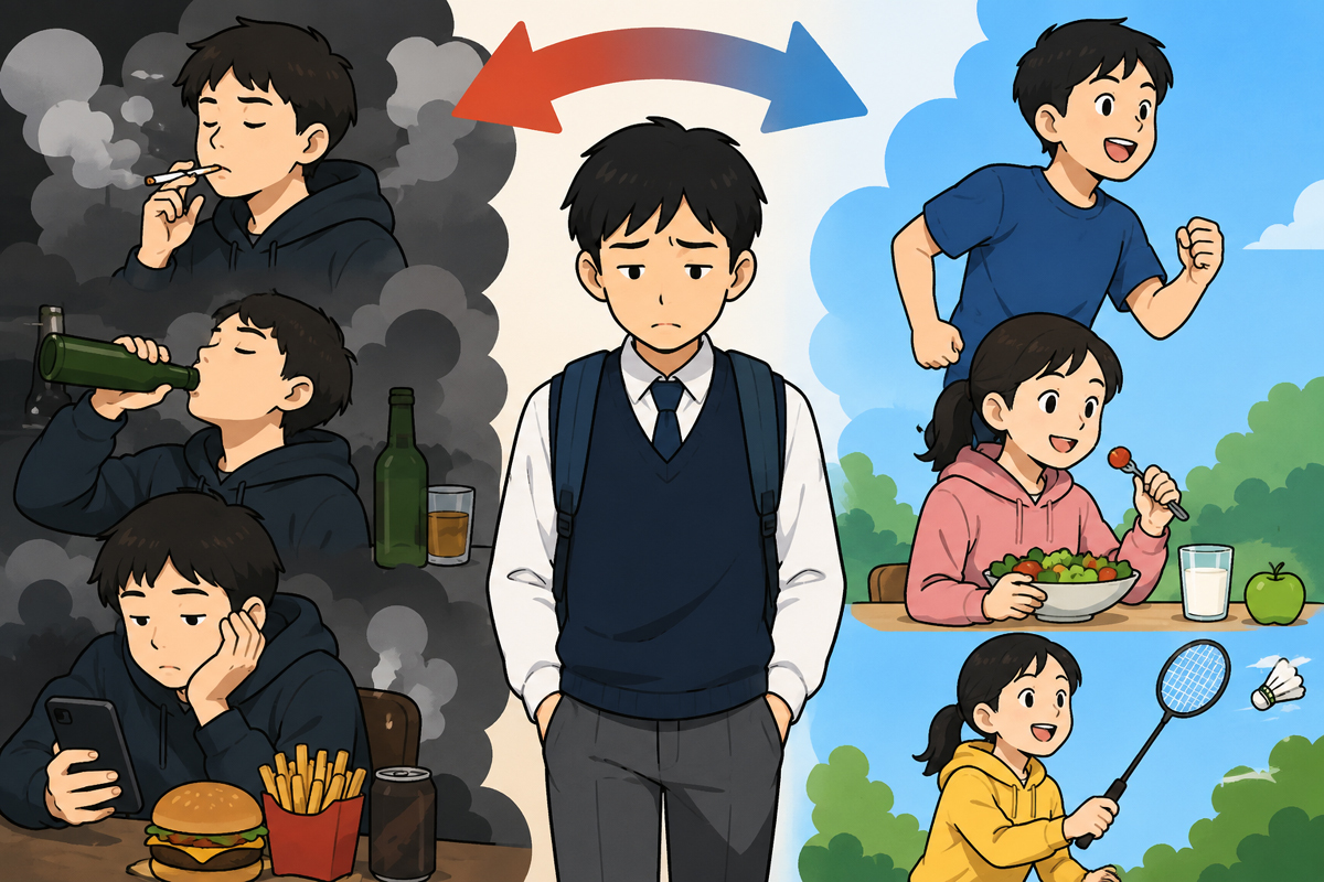 학년이 올라갈수록 우리나라 청소년의 흡연·음주 경험은 늘고, 운동과 건강한 식생활 실천은 감소하는 것으로 조사됐다.&nbsp;생성형 AI로 만든 이미지