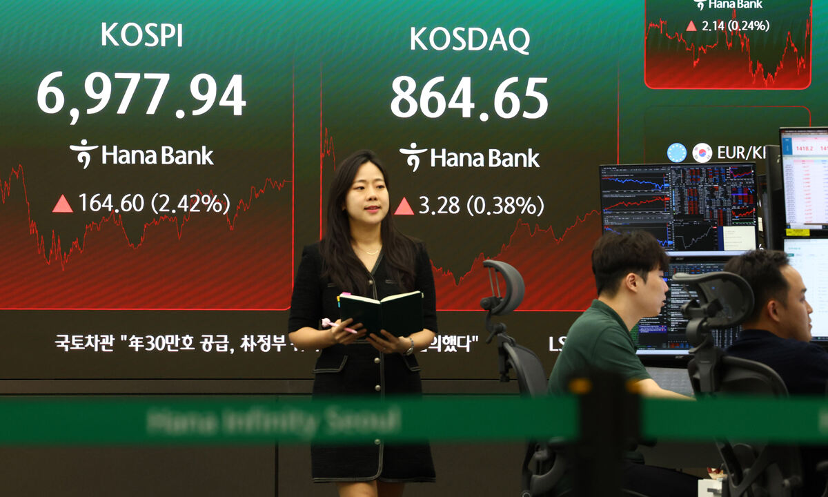 코스피가 전날 대비 164.60포인트(2.42%) 상승한 6977.94로 마감한 지난 14일 서울 중구 하나은행 딜링룸 전광판에 코스피 등이 표시돼 있다. 뉴시스