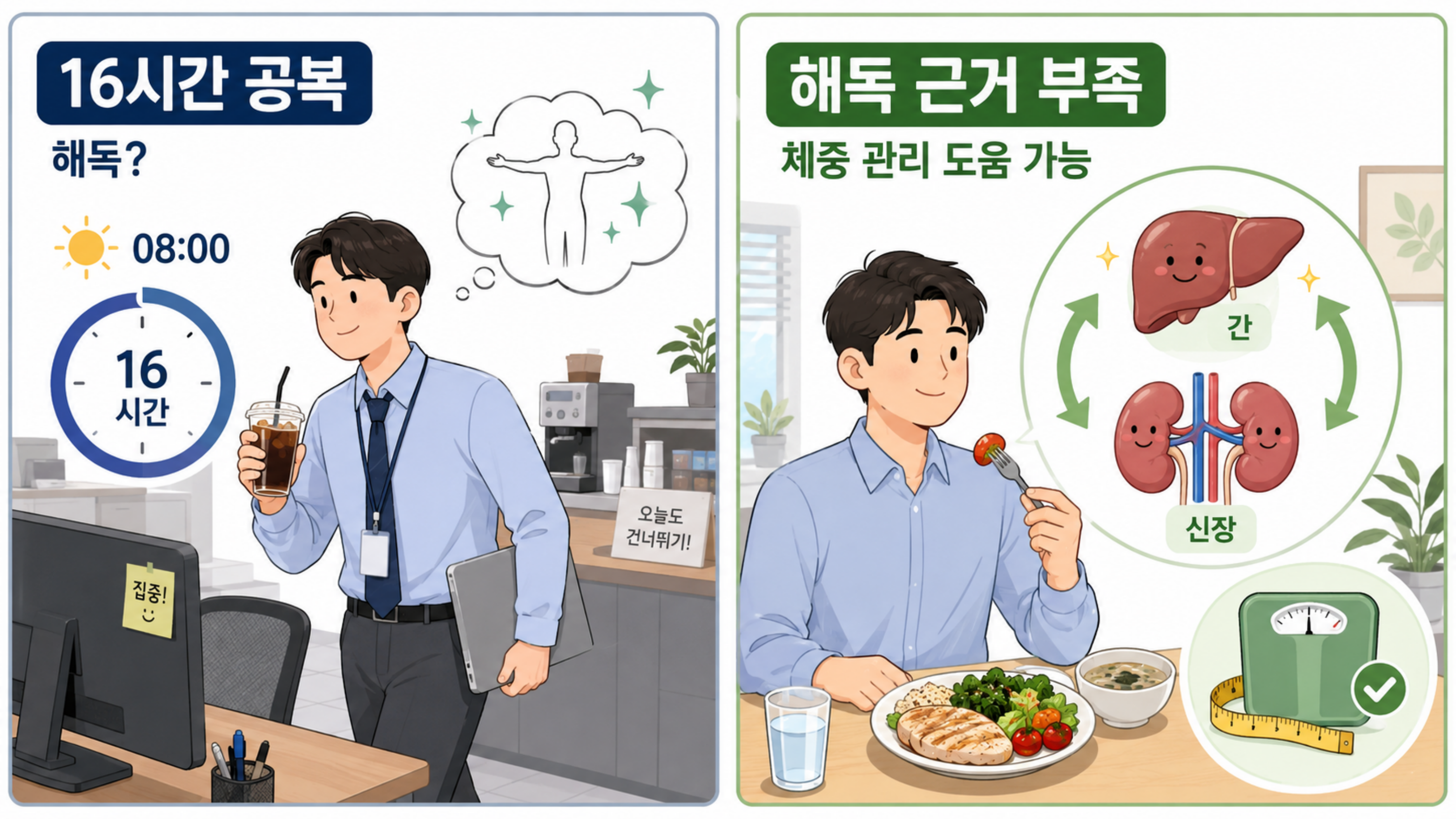 16시간 공복이 체중 관리에 도움을 줄 수는 있지만, 간과 콩팥의 해독 기능을 특별히 높인다는 근거는 부족하다. ChatGPT 생성 이미지