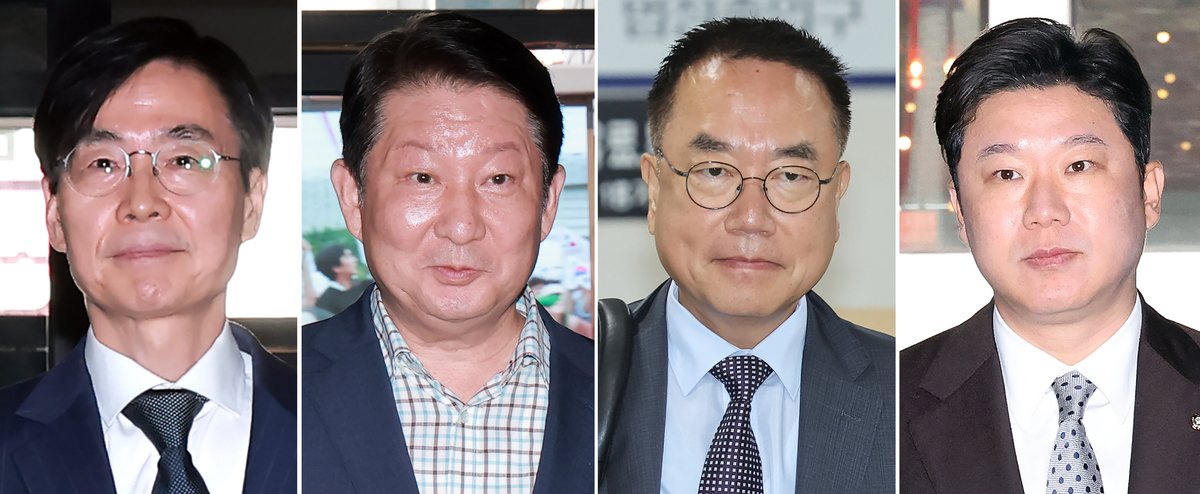 국민의힘 중앙윤리위원회가 20일 징계 심사 대상에 오른 6선 조경태(왼쪽부터)·재선 권영진·서범수·초선 진종오 의원 등 현역 의원 4인에 대해 '당원권 정지' 징계를 결정했다. 이들 가운데 조경태(2년 6개월), 진종오(2년), 권영진(1년 6개월) 의원 3명은 1년 8개월 남은 2028년 4월 총선에 사실상 국민의힘 후보로 출마할 수 없게 되는 중징계를 받게 됐다. 서범수 의원은 당원권 정지 10개월 처분을 받았다. 연합