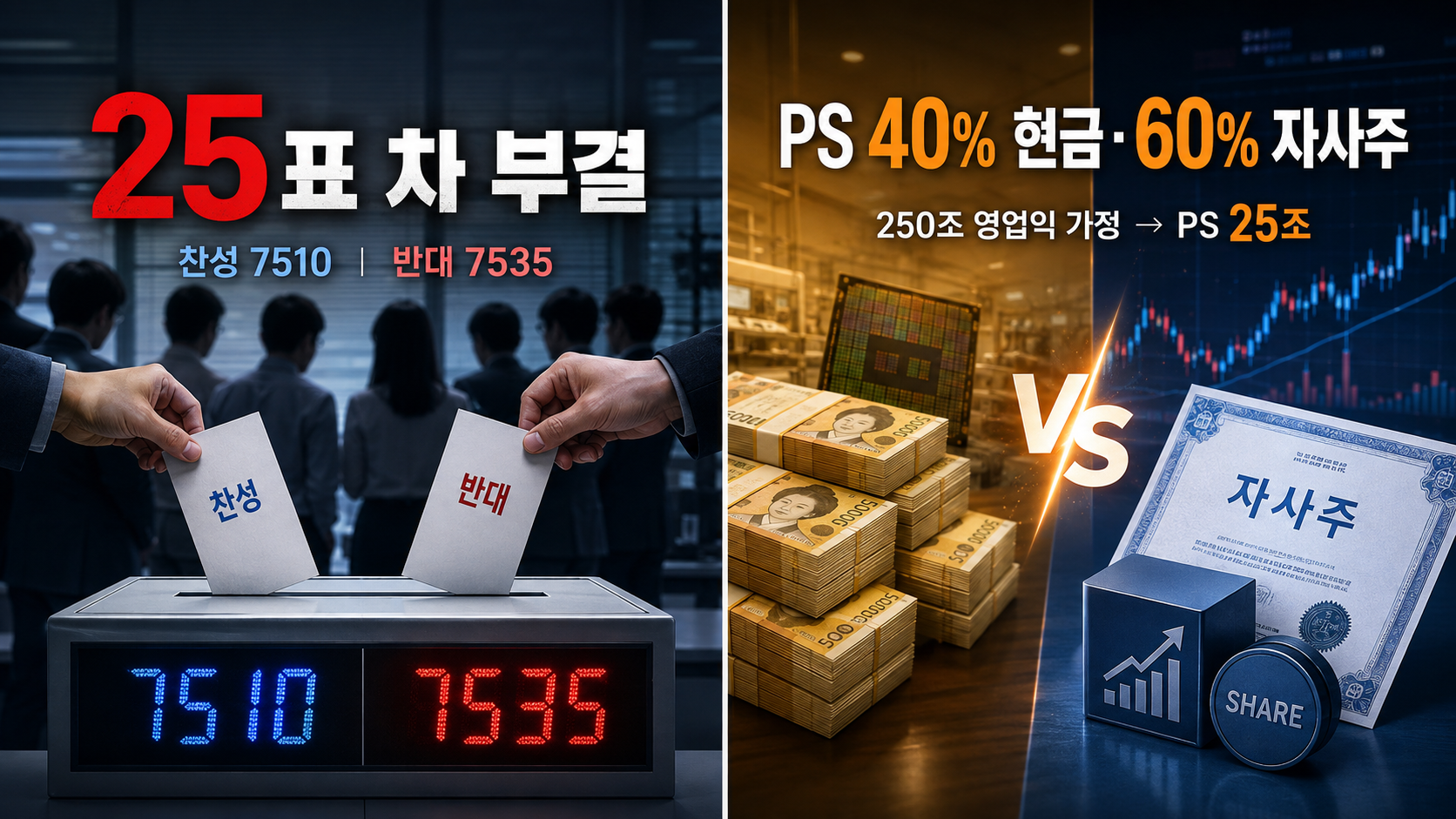 SK하이닉스 전임직 노조의 2026년도 임금·단체협약 잠정합의안이 찬성 7510표, 반대 7535표로 단 25표 차 부결됐다. 잠정안에는 초과이익분배금(PS)의 40%를 현금으로, 60%를 자사주로 지급하는 방안이 담겼다. ChatGPT 생성 이미지