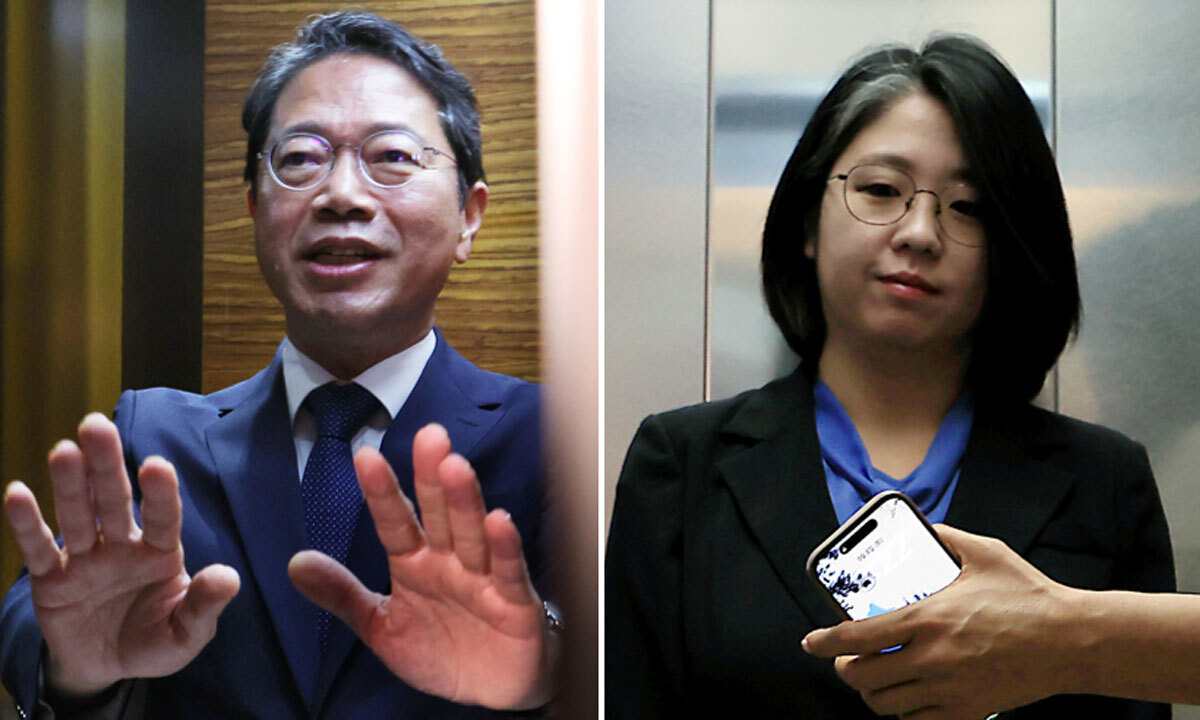 논란의 2人 김승원 법무부 장관 후보자가 8일 오전 서울 종로구 인사청문회 준비사무실로 출근하며 승강기에 올라 손을 들고 있다. 오른쪽 사진은 용혜인 성평등가족부 장관 후보자가 서울 서대문구 한국청소년활동진흥원에 마련된 인사청문회 준비사무실로 출근하는 모습.&nbsp;뉴시스·뉴스1