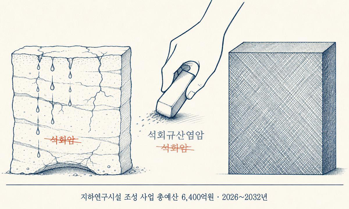 한국원자력환경공단이 태백 지하연구시설 부지조사 보고서에서 추가 분석 없이 암석 표기를 '석회암'에서 '석화규산염암'으로 변경한 의혹을 국민의힘 박수민 의원이 제기했다. 두 암석의 지질 특성 차이(석회암의 투수성 vs 석회규산염암의 불투수성)와 명칭 변경 행위를 대비한 이미지. 인공지능(AI) 플랫폼 ‘세계온(SEGYE.On)’으로 생성