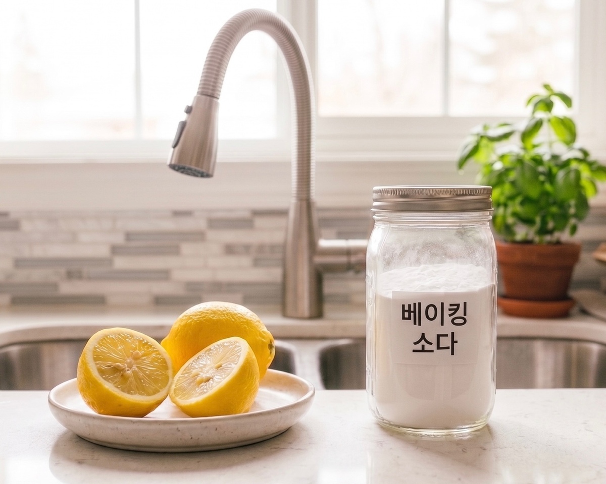 싱크대 앞에 있는 레몬과 베이킹소다. 레몬과 베이킹소다는 악취 제거에 큰 도움을 준다. 기사의 이해를 돕기 위해 구글의 생성형 인공지능(AI) ‘제미나이’로 생성한 이미지