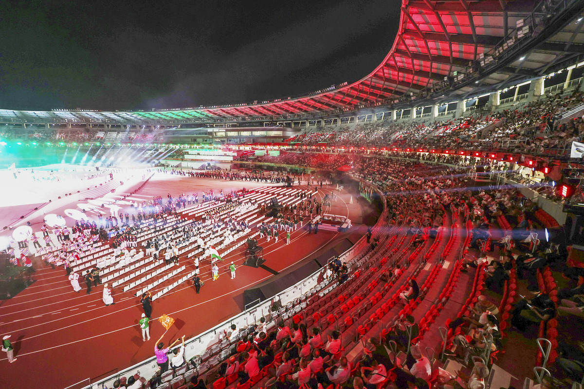 19일 일본 나고야 미즈호공원 육상경기장에서 열린 2026 아이치·나고야 아시안게임 개회식에서 관중석 곳곳에 빈자리가 보이고 있다. 나고야=연합뉴스