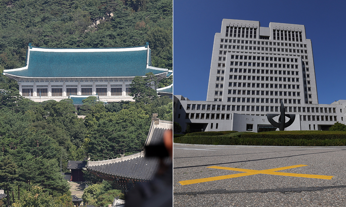 해법은 어디에…&nbsp;대법관 후보자 재제청을 둘러싼 청와대와 대법원의 충돌이 대통령의 ‘임명권’과 대법원장의 ‘제청권’을 둘러싼 헌법기관 간 권한 대립으로 번지고 있다. 조희대 대법원장이 22일 청와대의 재제청 요구를 거부하면서 양측의 접점도 좀처럼 보이지 않고 있다. 사진은 이날 청와대와 대법원 모습.&nbsp;남정탁·이재문 기자