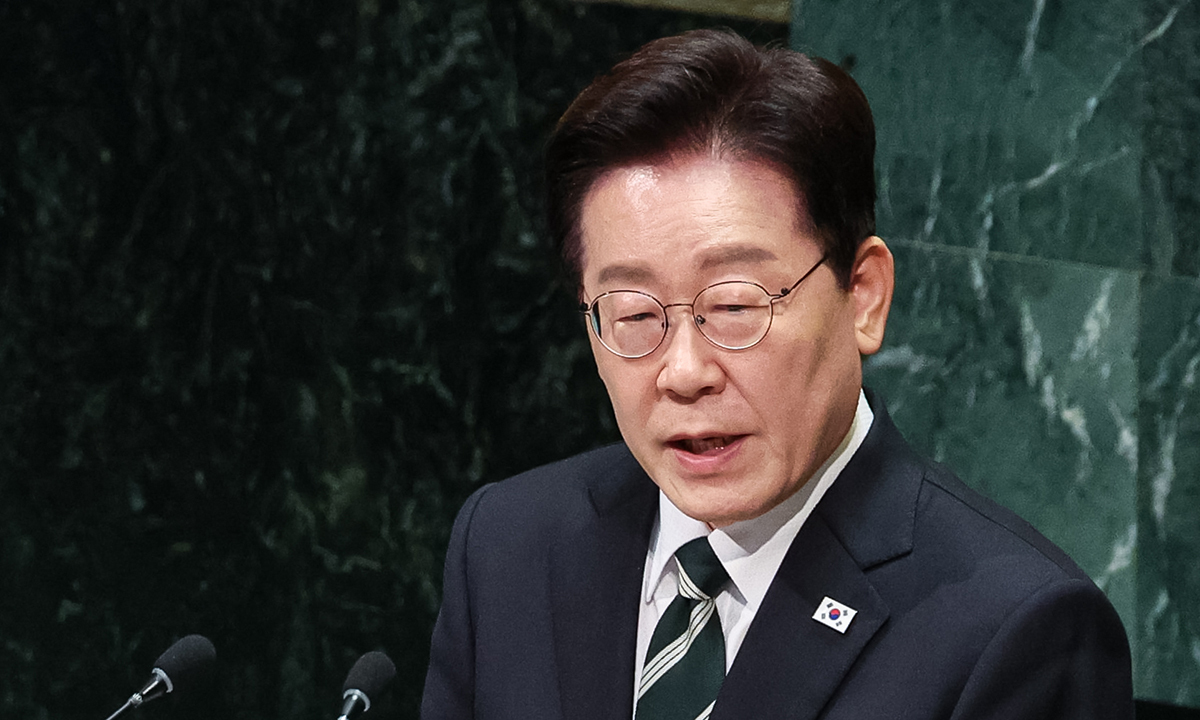 이재명 대통령이 22일(현지시간) 미국 뉴욕 유엔본부에서 열린 제81차 유엔총회에서 기조연설을 하고 있다. 뉴스1