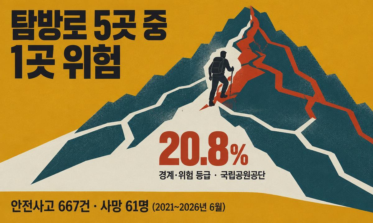 김주영 의원이 공개한 국립공원공단 자료에 따르면 전국 730개 탐방로 중 152곳(20.8%)이 경계·위험 등급으로 분류되며, 2021년 이후 667건의 안전사고와 61명의 사망자가 발생했다. 인공지능(AI) 플랫폼 ‘세계온(SEGYE.On)’으로 생성