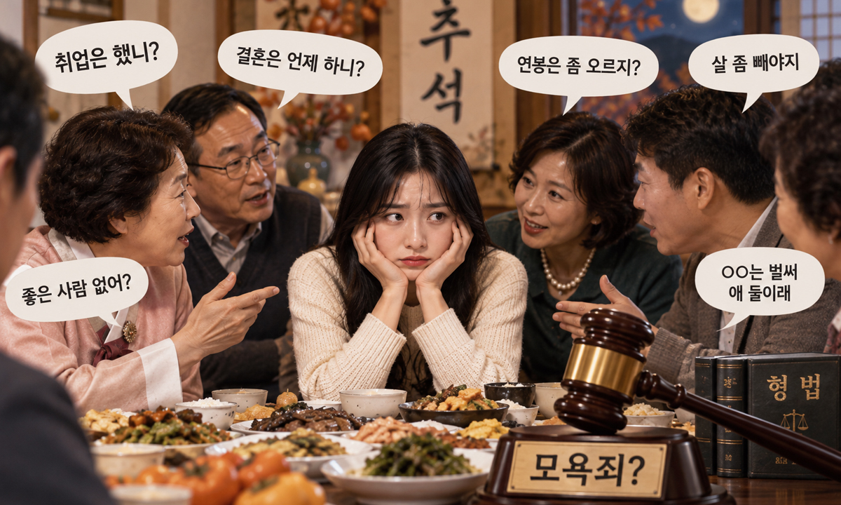 명절이 되면 친척들의 취업·결혼·외모 잔소리가 쏟아진다. 선 넘은 잔소리는 모욕죄가 될 수 있을까. AI 생성 이미지