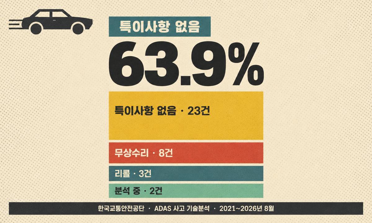 한국교통안전공단이 2021년부터 2026년 8월까지 분석한 ADAS 관련 사고 36건 중 63.9%(23건)를 특이사항 없음으로 종결한 결과를 나타낸 이미지. 리콜·무상수리로 이어진 11건은 모두 AEB(비상자동제동장치) 관련이었다. 인공지능(AI) 플랫폼 ‘세계온(SEGYE.On)’으로 생성
