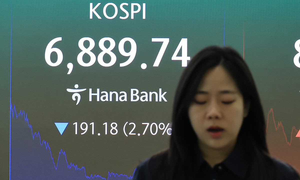 28일 서울 중구 하나은행 본점 딜링룸에 코스피가 표시되고 있다. 이날 코스피는 191.18p(2.70%) 내린 6,889.74로 장을 마쳤다. 연합뉴스