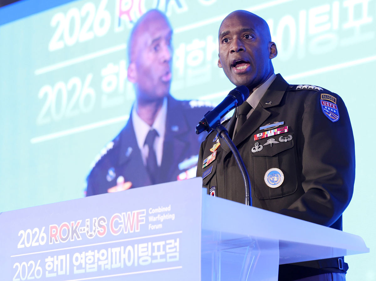 제이비어 브런슨 한미연합사령관이 16일 서울 용산구 국방컨벤션센터 태극홀에서 열린 2026 한미 연합워파이팅포럼에서 기조연설을 하고 있다. 뉴시스