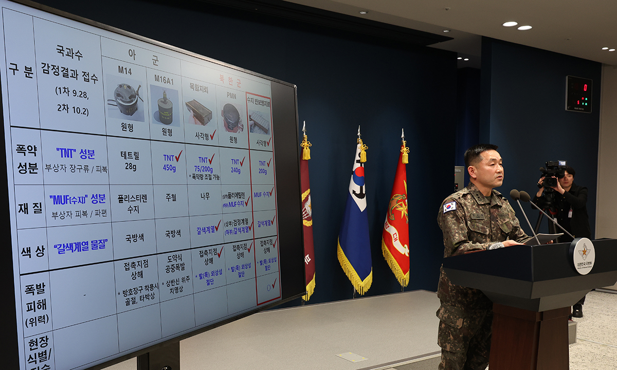 합참 작전부장 양진혁 육군 소장이 5일 오후 서울 국방부 브리핑실에서 25사단 DMZ 지뢰 폭발상황 관련 합참 합동 현장조사 TF 최종 조사결과 발표 브리핑에서 북한군의 지뢰 종류를 설명하고 있다.