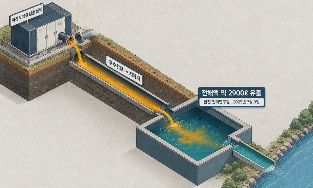 한국전력공사 장주기 ESS 실증 설비에서 폭염으로 배관이 빠지며 바나듐 전해액 약 2900ℓ가 지하 우수관로를 따라 저류지로 흘러간 유출 경로를 나타낸 이미지. 인공지능(AI) 플랫폼 ‘세계온(SEGYE.On)’으로 생성