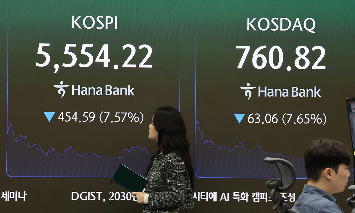 코스피와 코스닥에 서킷브레이커가 발동된 15일 오후 서울 중구 하나은행 본점 딜링룸 전광판에 코스피 시황이 표시되고 있다. 이날 코스피 지수는 전 거래일 대비 454.59포인트(7.57%) 하락한 5,554.22로 코스닥 지수는 전 거래일 대비 63.06포인트(7.65%) 하락한 760.82에 장을 마쳤다. 뉴스1