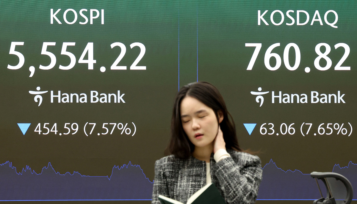 15일 서울 중구 하나은행 딜링룸에서 코스피가 7.57% 떨어진 5,554.22포인트로 장을 마감한 가운데 지수가 전광판에 표시되고 있다. 남정탁 기자