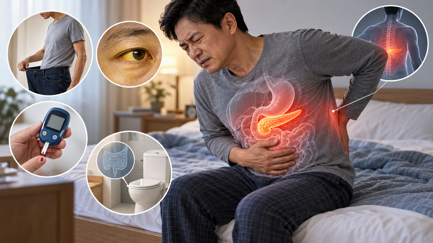 췌장암은 등과 윗배 통증, 원인 모를 체중 감소, 황달, 혈당 변화, 지방변 등의 증상을 동반할 수 있다. 증상만으로 췌장암을 진단할 수는 없다. ChatGPT 생성 이미지